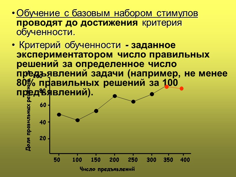 Обучение с базовым набором стимулов проводят до достижения критерия обученности.  Критерий обученности -